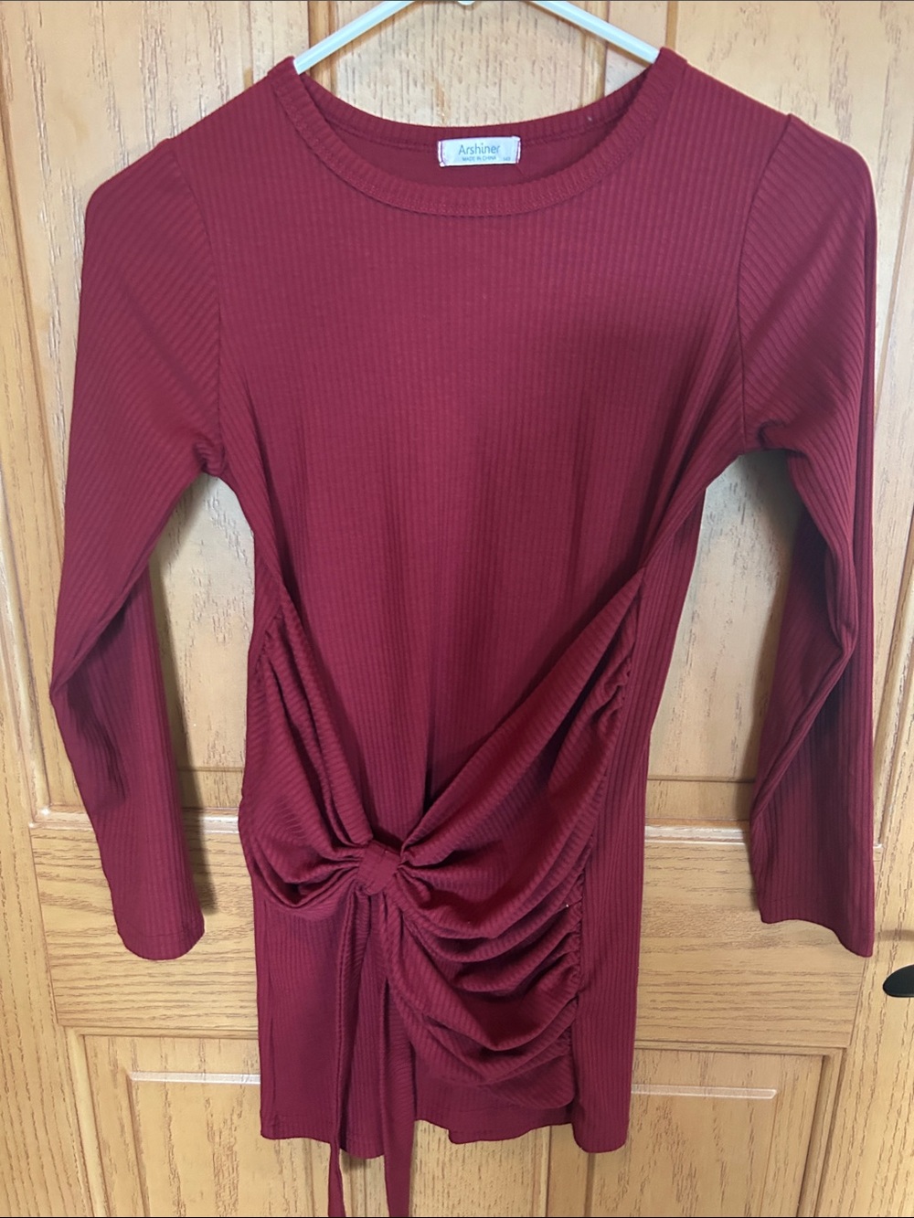 Ashliner Girls' Burgundy Long-Sleeve Knot-Front Casual Dress